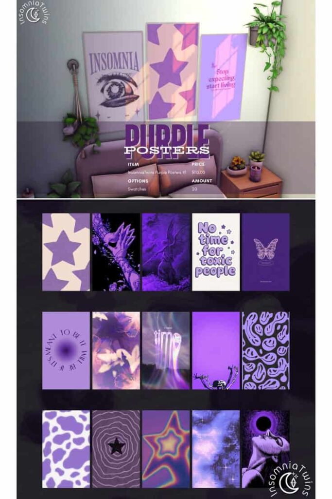 sims 4 purple posters cc